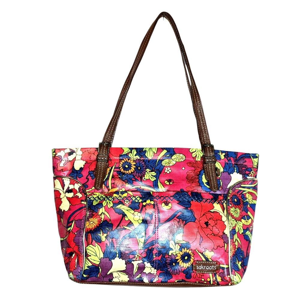 Sakroots Artist Circle Coated Canvas Medium Tote Travel Bag Floral 15.5"